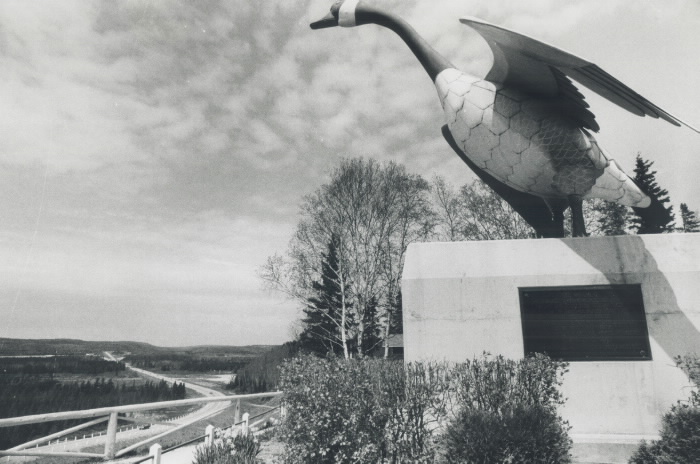Large Canadian goose monument overlooking road and landscape