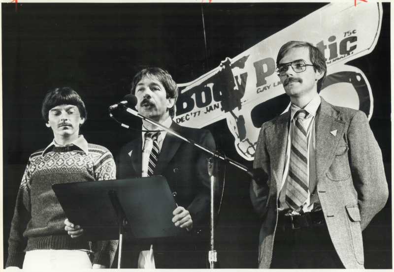 Ken Popert, Gerald Hannon, and Ed Jackson in 1979, one year after the launch of a prolonged legal battle over the newspaper