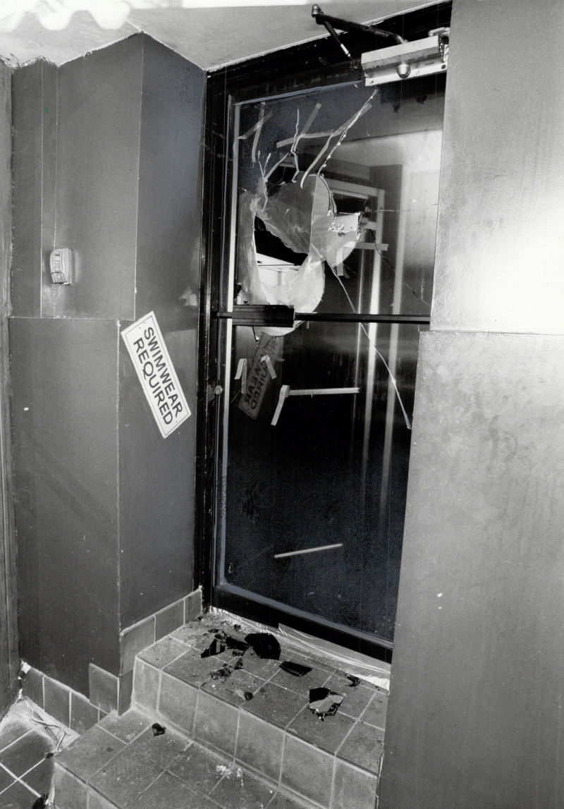 Smashed door at The Club after the police raid in 1981