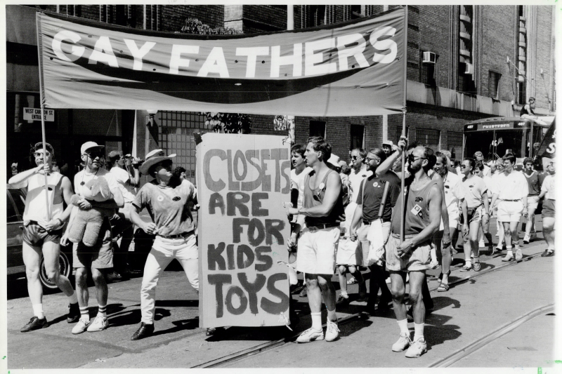 A group of gay fathers march together at the 1991 Toronto Pride Parade