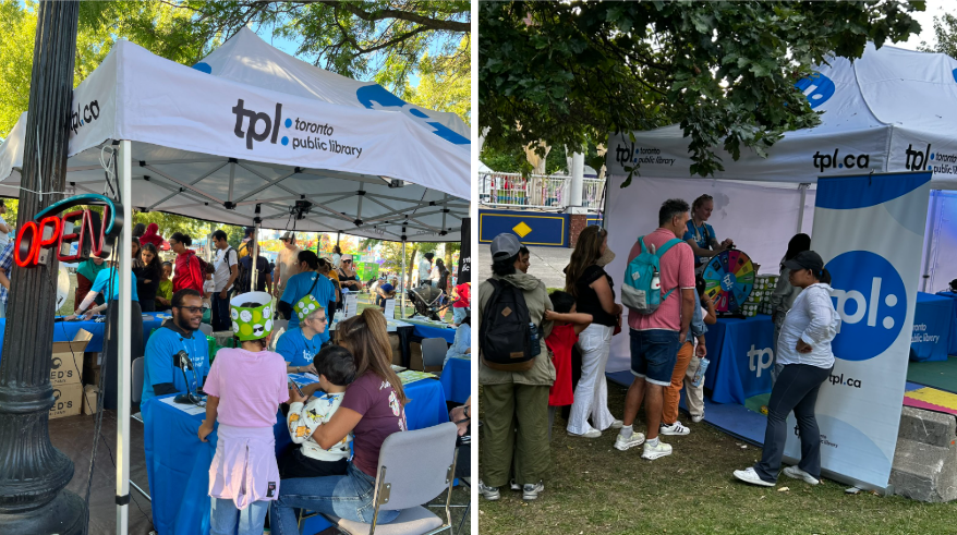 Customers engaging with staff at TPL's canopy tent, featuring blue TPL tables and a trivia wheel