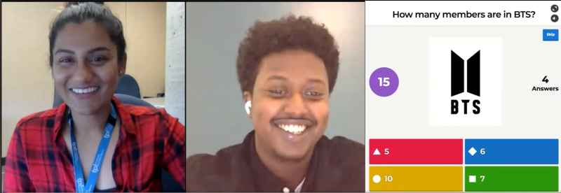 Screenshot of an online program: librarians Geerthana and Mohamed host and quiz question How many members are in BTS? 5, 6, 10 or 7 Screenshot of an online program, Geerthana and Mohamed