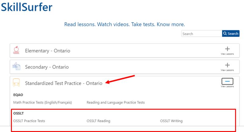 Screenshot of Standardized Test Practice Section in Brainfuse