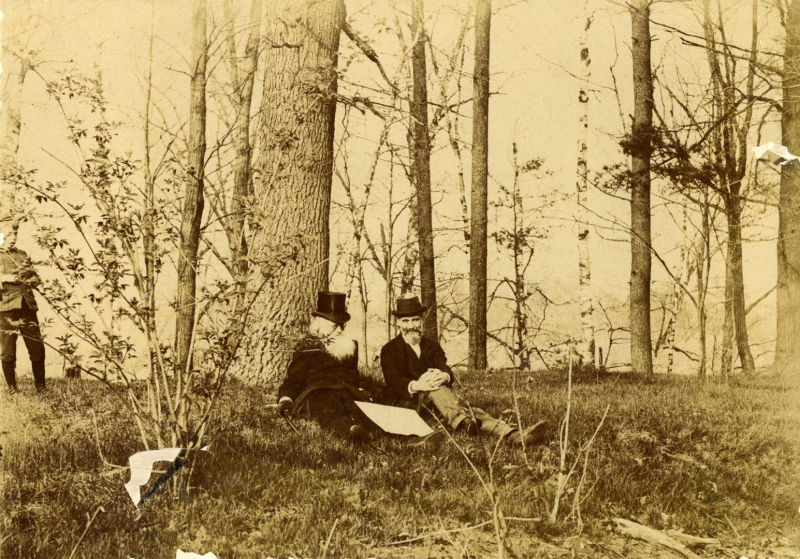 Yellowed vintage photo of men sitting new a tree with no buildings in sight