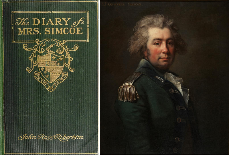 Side by side images showing a plain cover of The Dirary of Mrs Simcoe with a crest and the image to the right showing an oil painting of John Graves Simcoe