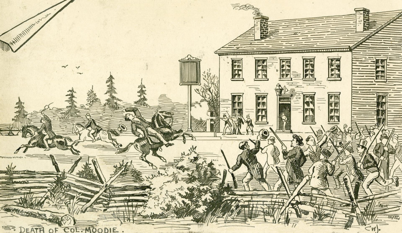 Drawing of old scene with men with rifles and horses in an altercation