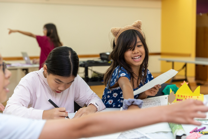 Children working on props and scripts during Summer Wonder theatre camp at the library.