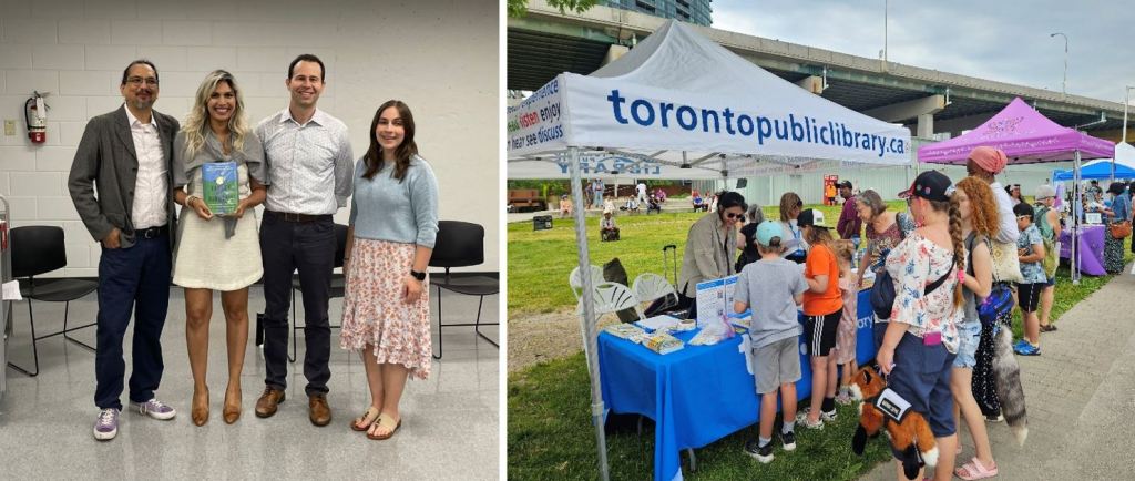 Four people standing together on the left. Customers gathered at the Toronto Public Library table outside on the right.