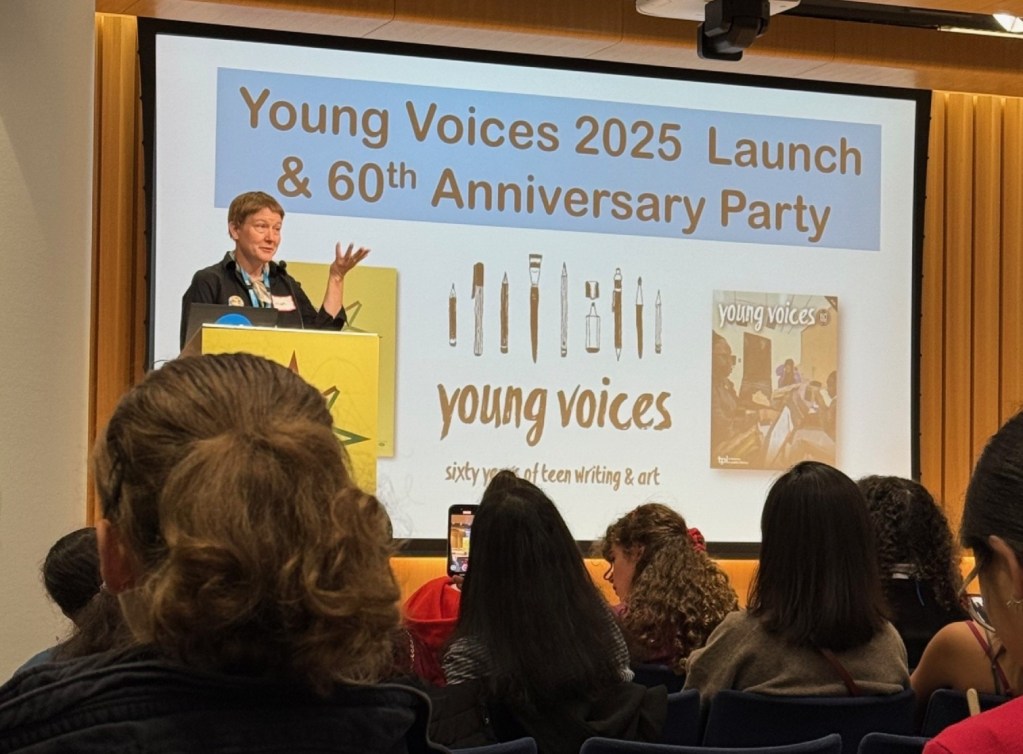 Susan Kernohan, Senior Services Specialist and staff lead of Young Voices, speaks at the Young Voices 2025 Launch and 60th Anniversary Party.